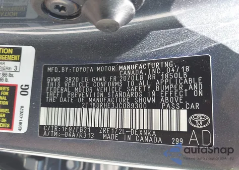 2018 Toyota Corolla Le z USA, uszkodzony, nr VIN 2T1BURHE3JC089300